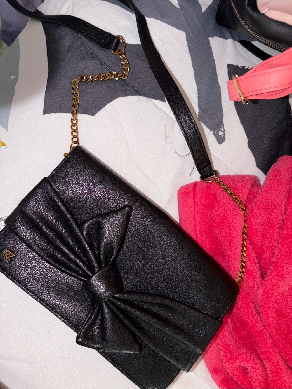 Rachel Zoe Black Bow Crossbody Bag with Gold Chain